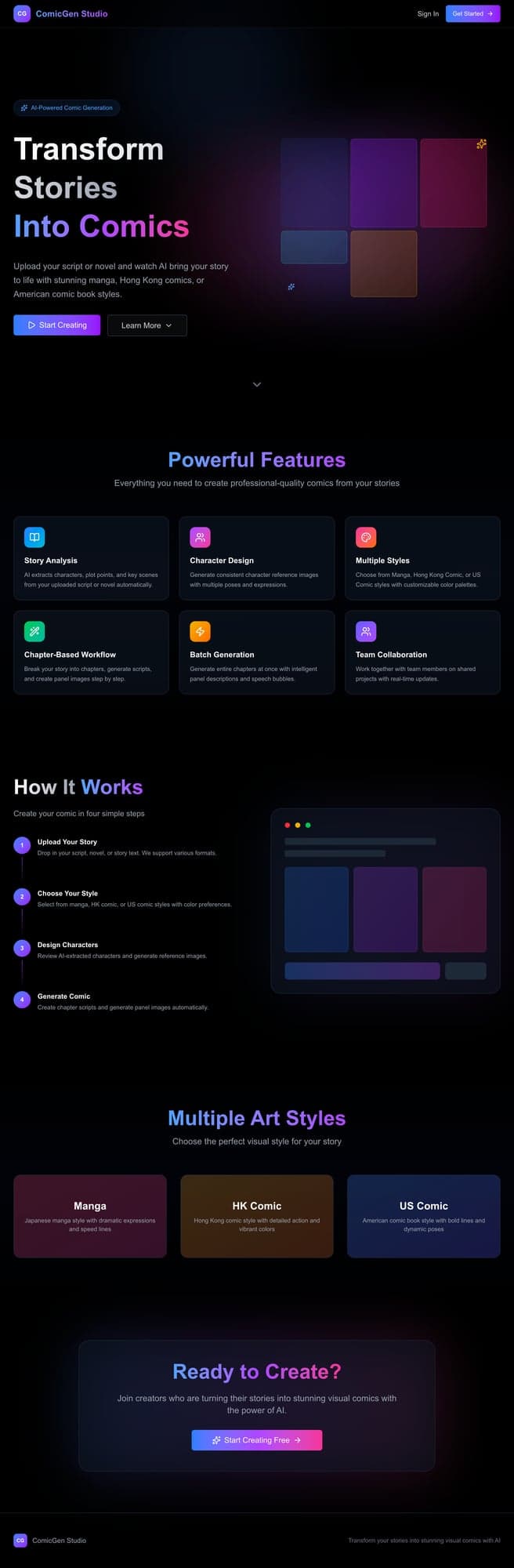 ComicGen Studio landing page