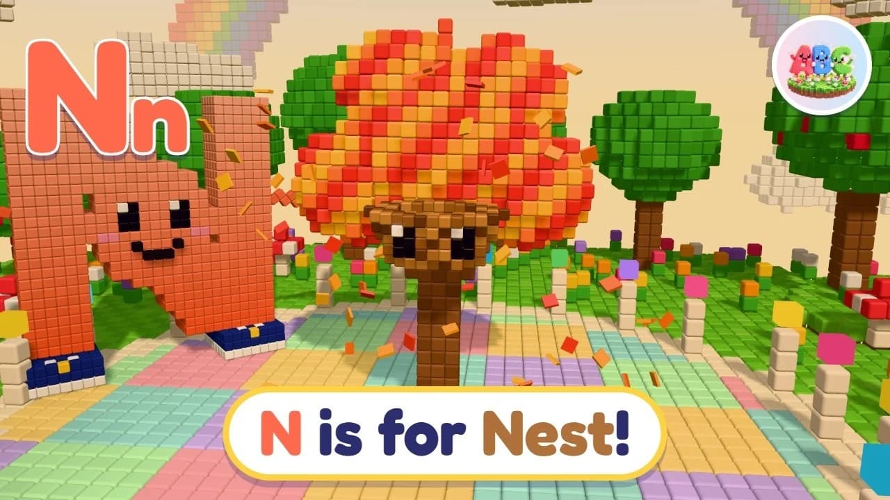 A friendly letter N block beside a colourful tree and nest in the ABC Block Buddies world